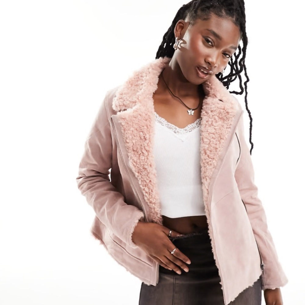 Reclaimed Vintage limited edition real suede aviator jacket faux fur trim Sz 8